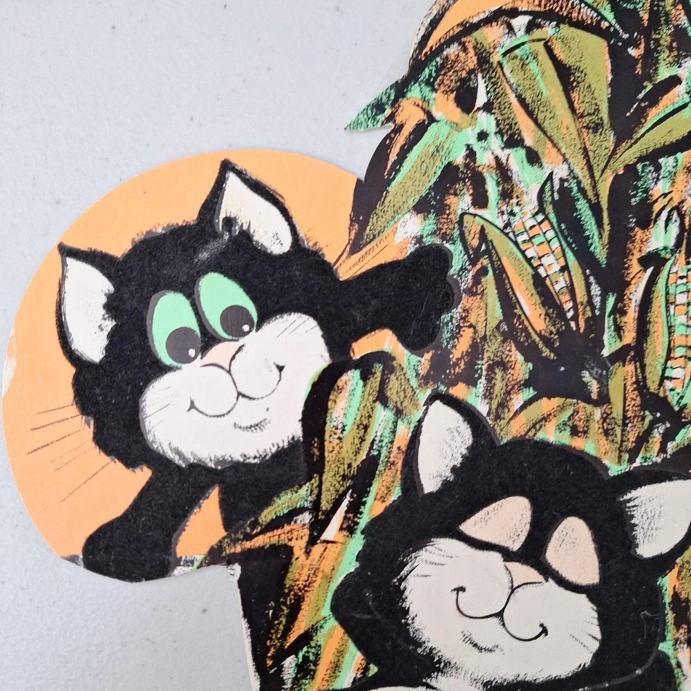 Vtg Halloween Peck Inc FLOCKED BLACK CATS & CORN STALKS Diecut Decoration 1960s